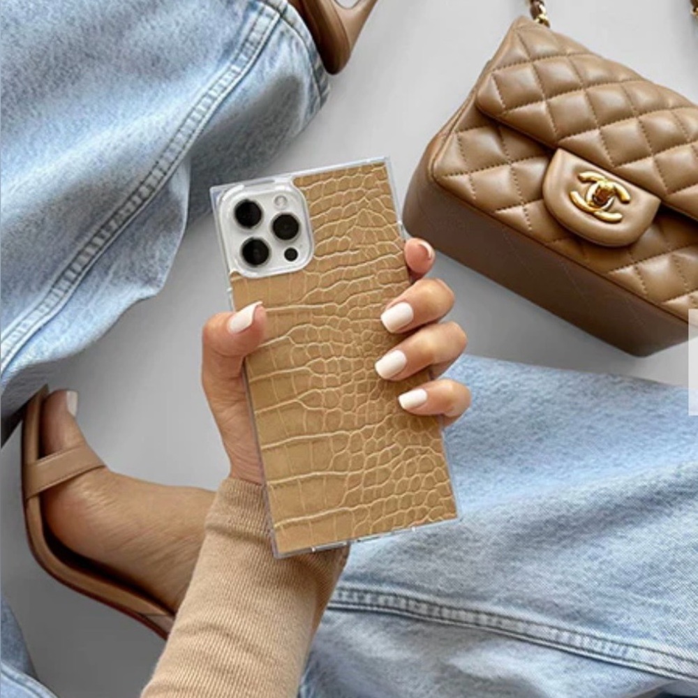 iPhone 14 Pro Case | Flaunt Square Tan Crocodile Faux Leather